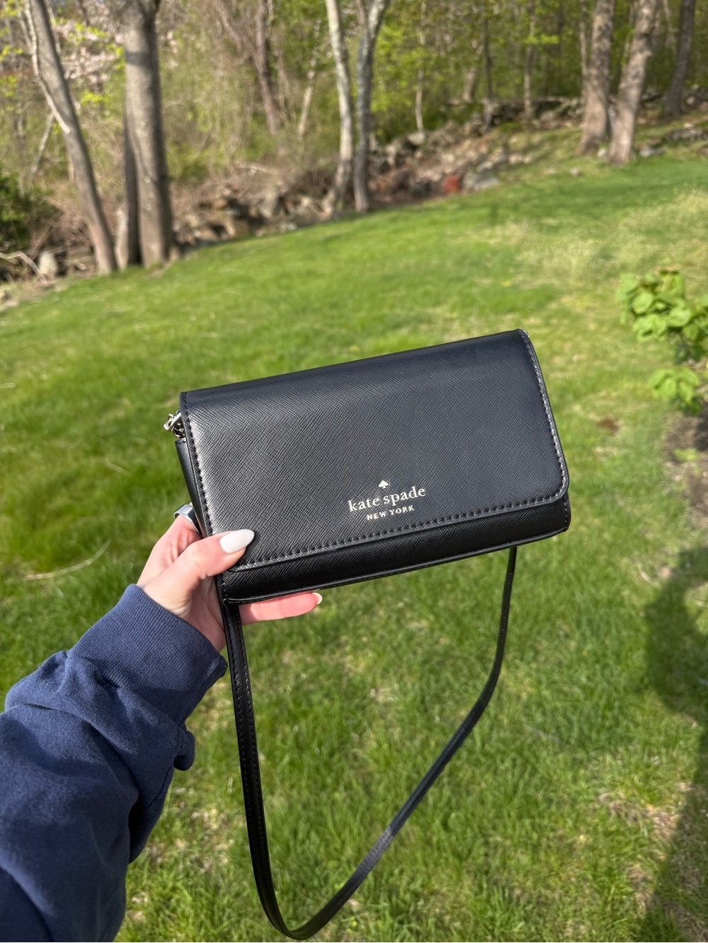 Kate Spade black leather crossbody with silver chain